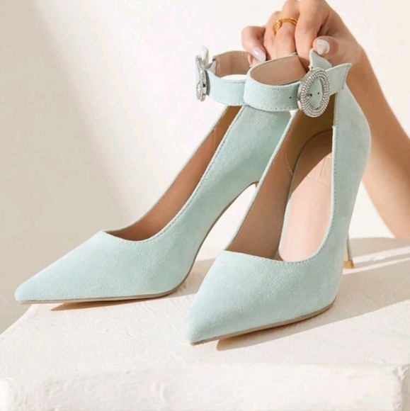 Women's Pointed Toe Studded Buckle Ankle Strap High Heels, Elegant - Picture 2 of 5